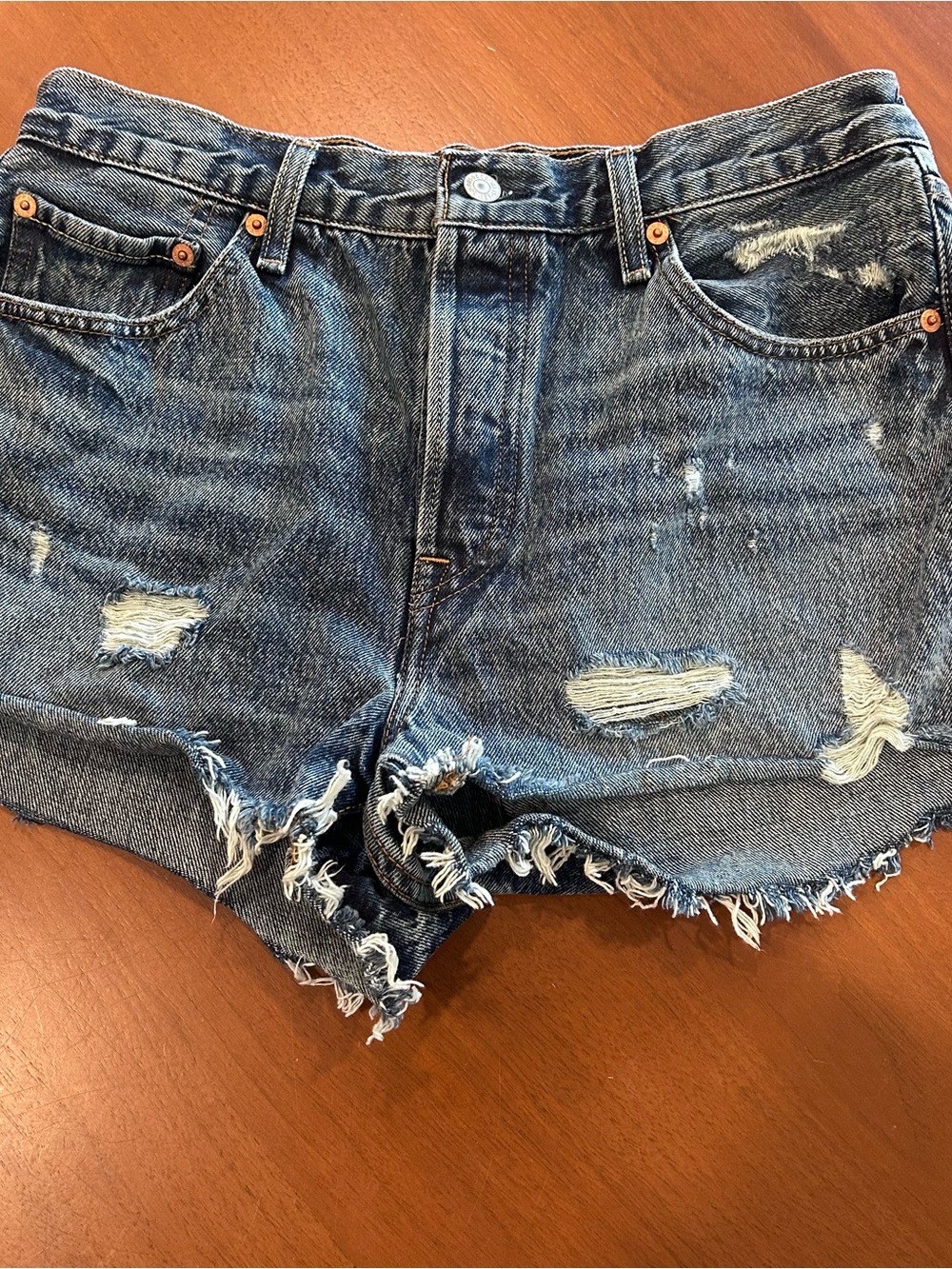 High-Rise Distressed Levi’s Denim Jean Shorts with Button Fly